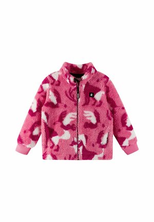 Giacca in pile rosa con colletto alto, chiusura con zip e motivo leopardato in tonalità di rosa e bianco. Polsini a coste rosa.