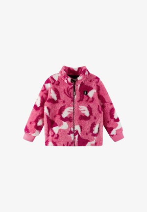 Roze fleece jack met een hoge kraag, ritssluiting en een luipaardprintpatroon in tinten van roze en wit. Geribbelde roze manchetten.