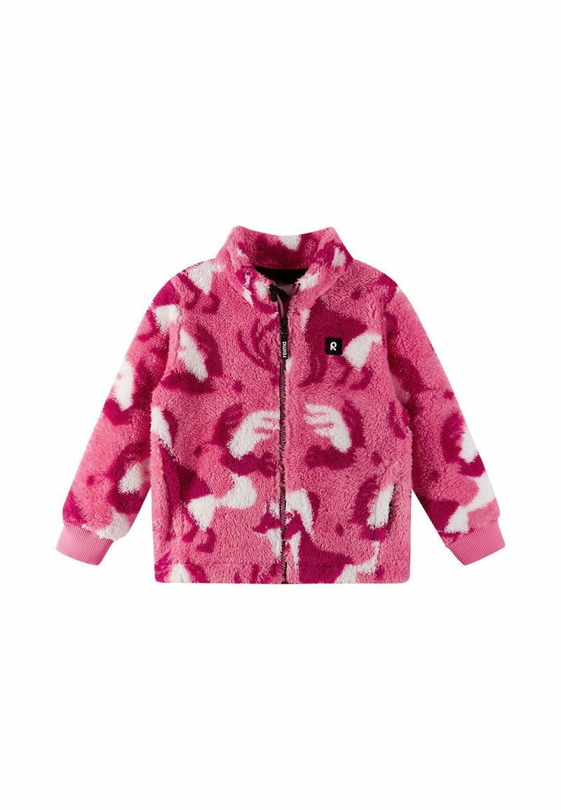 Giacca in pile rosa con colletto alto, chiusura con zip e motivo leopardato in tonalità di rosa e bianco. Polsini a coste rosa.