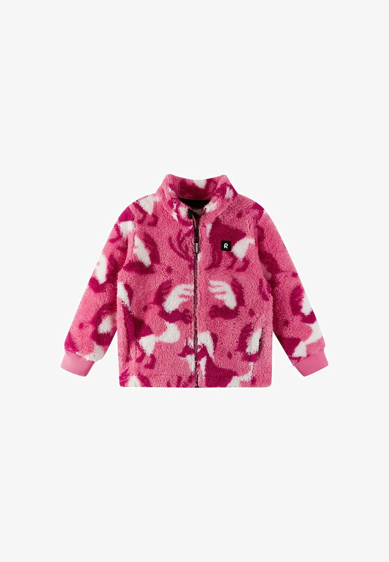 Rosa Fleece-Jacke mit hohem Kragen, Reißverschluss und Leopardenmuster in verschiedenen Rosa- und Weißtönen. Gerippte rosa Bündchen.