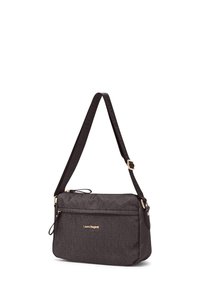 Borsa a tracolla in tessuto nero con dettagli in metallo dorato, scomparti con cerniera e superficie texturizzata. Tracolla regolabile con dettagli logo.