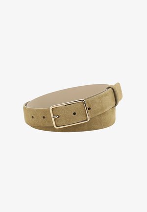 Light brown suede belt with rectangular metal buckle, five adjustment holes, and a belt loop against a white background.