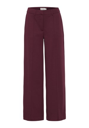 Burgundy wide-leg trousers with a smooth texture, featuring crease details, a flat waistband, and subtle side pockets.