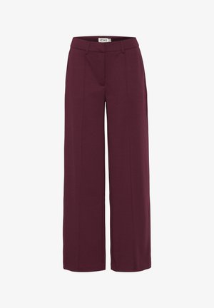 Burgundy wide-leg trousers with a smooth texture, featuring crease details, a flat waistband, and subtle side pockets.