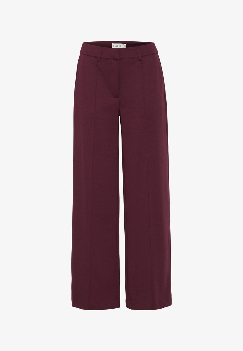 Burgundy wide-leg trousers with a smooth texture, featuring crease details, a flat waistband, and subtle side pockets.