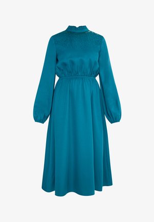 Teal haljina dugih rukava s visokim ovratnikom, nabrano strukirana, s sjajnim detaljima na tijelu. Glatka tekstura i lepršav silueta.