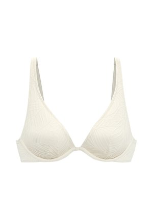 White textured underwire bra with adjustable straps and subtle leaf pattern on cups against a plain white background.