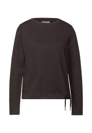 Sweatshirt marron foncé à manches longues avec col rond, présentant un tissu texturé et un cordon de serrage ajustable à l'ourlet.