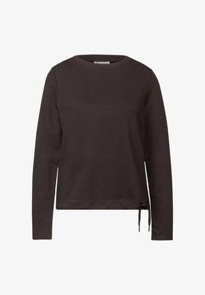 Tumma ruskea pitkähihainen collegepaita, jossa on pyöreä kaula-aukko. Paidassa on teksturoitu kangas ja säätönyöri helmassa.