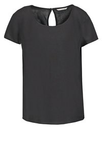 Sort kortærmet bluse med rund halsudskæring og nøglehul-detail bagpå. Glat tekstur og lige søm. Letvægtsstof.