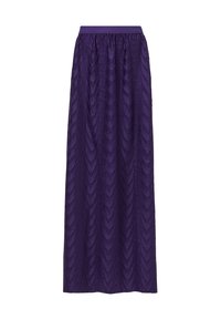 Paarse maxi-rok met textuur van bladeren, elastische tailleband en vloeiende uitstraling, gemaakt van een lichtgewicht stof.