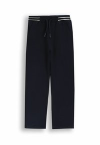 Granatowe spodnie dresowe wykonane z miękkiego materiału, z elastycznym paskiem z regulacją za pomocą sznurka, dwoma białymi paskami, kieszeniami bocznymi oraz prostym krojem nogawek.