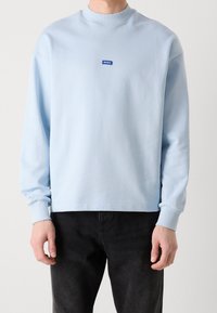 Felpa a maniche lunghe di un leggero azzurro in tessuto morbido, con colletto alto e polsini a coste. Presenta un piccolo logo rettangolare blu sul petto.