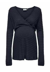 Czarna, długorękawowa bluzka ciążowa z teksturowanymi, poziomymi paskami i kopertowym dekoltem w kształcie litery V.
