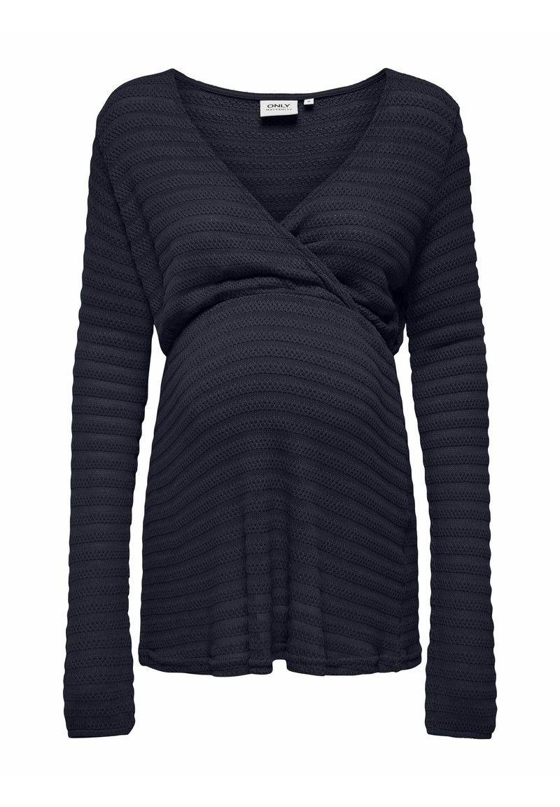 Czarna, długorękawowa bluzka ciążowa z teksturowanymi, poziomymi paskami i kopertowym dekoltem w kształcie litery V.