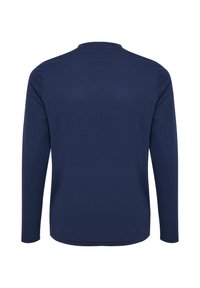 Dunkelblaues Langarmshirt mit Rundhalsausschnitt. Aus glattem Stoff gefertigt, mit einem einfachen, minimalistischen Design, ohne sichtbare Muster oder Akzente.