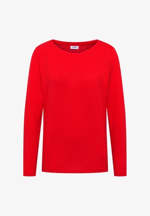 T-shirt rouge à manches longues en tissu doux, avec un col rond et une coupe décontractée. L'étiquette au niveau du col indique "CECIL."