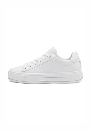 White sneakers with a smooth synthetic exterior, lace-up design, padded collar, low profile, and textured rubber sole.