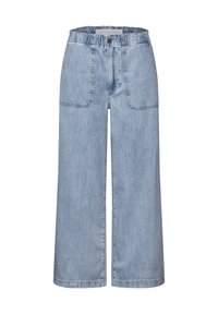 Helle blaue, weit geschnittene Jeanshose mit elastischem Bund und Vorderentaschen. Glatte Textur, gerader Schnitt und saubere Säume.