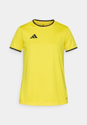 Sárga sportmez könnyű anyagból. Kerek nyakkivágással, fekete szegéllyel és bal oldalon fekete Adidas logóval.