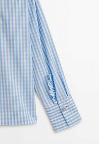 Camicia a maniche lunghe a scacchi blu chiaro e bianco, con dettaglio arricciato sul braccio e un bottone decorativo sul polsino. Tessuto in misto cotone.