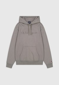 Grauer Hoodie aus Baumwollmischung, mit einer vorderen Kängurutasche, Kapuze mit Kordelzug und gesticktem "Champion"-Logo auf der Brust.