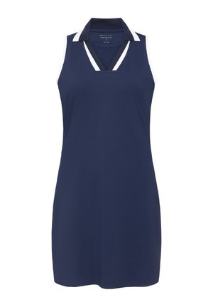 Marineblauwe mouwloze jurk met een kraag, voorzien van witte biezen langs de kraag en armsgaten. Gladde, rekbare stof.