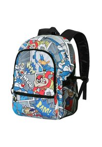 Mochila con un diseño colorido estilo cómic que presenta personajes de dibujos animados, predominantemente en azul y rojo, fabricada con un material duradero y correas negras.