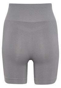 Grijze hoog- taille shorts gemaakt van zacht, elastisch materiaal. Kenmerkt een naadloos ontwerp met versterkte naden en een geribbelde tailleband.