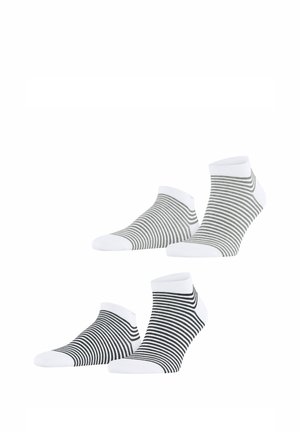 Twee paar enkelsokken met horizontale strepen, het ene paar grijs en wit, het andere zwart en wit, afgebeeld tegen een witte achtergrond.