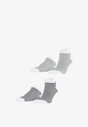 Twee paar enkelsokken met horizontale strepen, het ene paar grijs en wit, het andere zwart en wit, afgebeeld tegen een witte achtergrond.