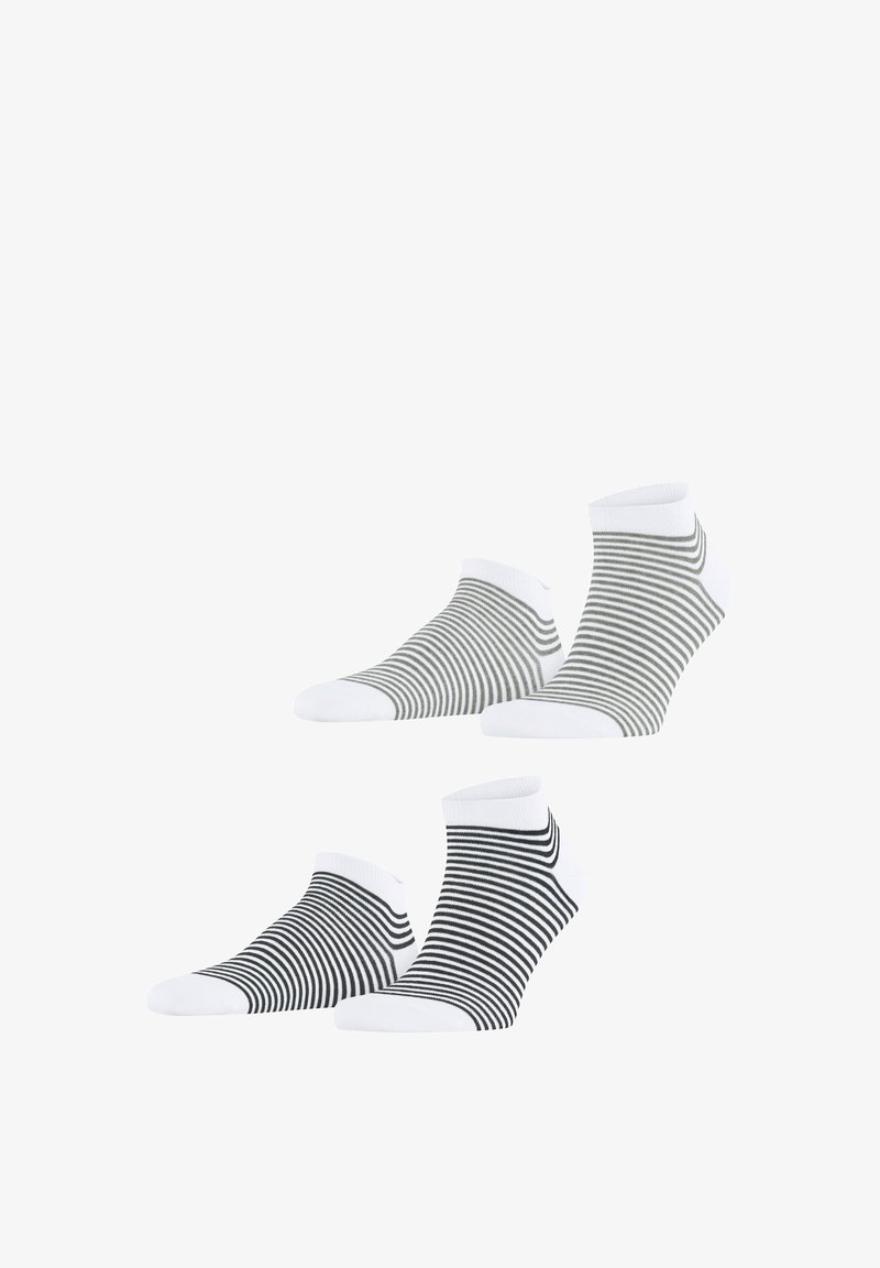 Twee paar enkelsokken met horizontale strepen, het ene paar grijs en wit, het andere zwart en wit, afgebeeld tegen een witte achtergrond.