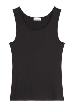 Must-haves mustuse sõrestikust valmistatud must ilma varrukateta tank-top. Ümar kaelus, peene reljeefse logoga detail keskel. Sile tekstuur ja keha järgi vormitud kuju.
