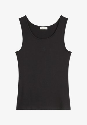 Zwarte mouwloze tanktop van ribbelstof. Ronde halslijn, met subtiele geperste logo-detail in het midden. Glad textuur en aansluitende pasvorm.