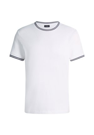 T-shirt blanc à manches courtes avec bordure noire à double rayure sur le col et les ourlets des manches, arborant un petit logo sur la poitrine.