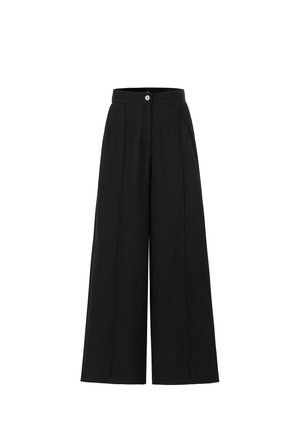 Schwarze weit geschnittene Hose mit Knopfverschluss, Nadelstreifenstruktur, hoher Taille und Seitentaschen. Entworfen für eine lockere Passform.