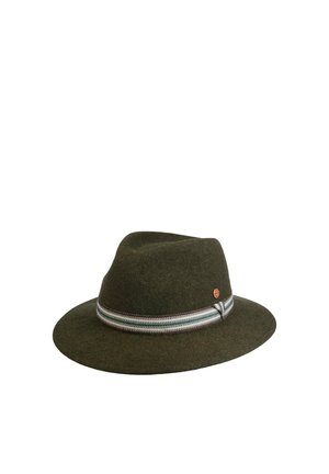 Dark green felt fedora hat with a wide brim and a decorative striped band in white, gray, and green around the base of the crown.
