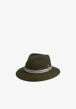Dark green felt fedora hat with a wide brim and a decorative striped band in white, gray, and green around the base of the crown.