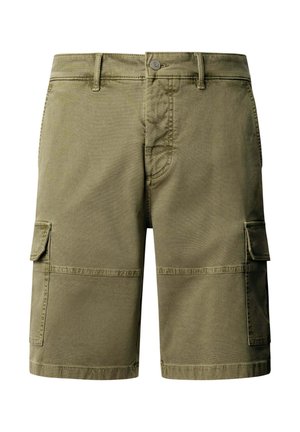 Khaki cargo šortky s poutky na pásek, předním zapínáním na knoflík a zip a dvěma klopovými kapsami po stranách.