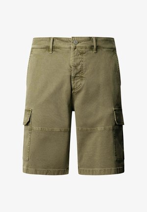 Khaki cargo šortky s poutky na pásek, předním zapínáním na knoflík a zip a dvěma klopovými kapsami po stranách.