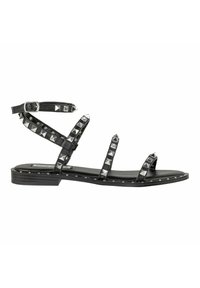 Sandal con fascia piatta nera e molteplici cinturini decorati con bulini a piramide argentati. Presenta una chiusura con fibbia e una suola piatta con cuciture decorative.