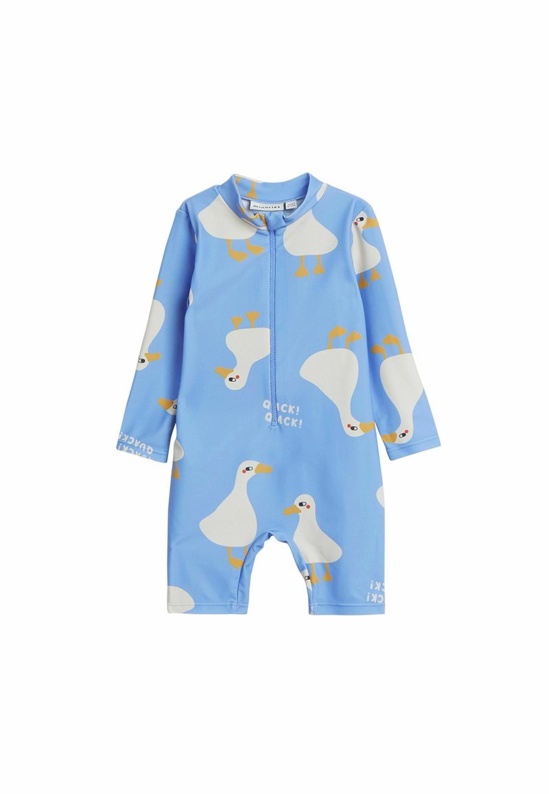 Blauer Kinderbadeanzug mit durchgehendem Reißverschluss, langen Ärmeln und einem Muster aus weißen Gänsen mit gelben Akzenten sowie den Worten "QUACK! QUACK!"