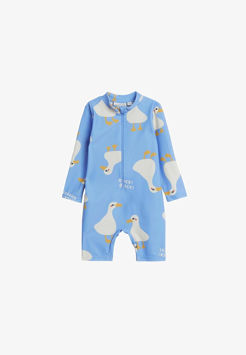 Blauer Kinderbadeanzug mit durchgehendem Reißverschluss, langen Ärmeln und einem Muster aus weißen Gänsen mit gelben Akzenten sowie den Worten "QUACK! QUACK!"