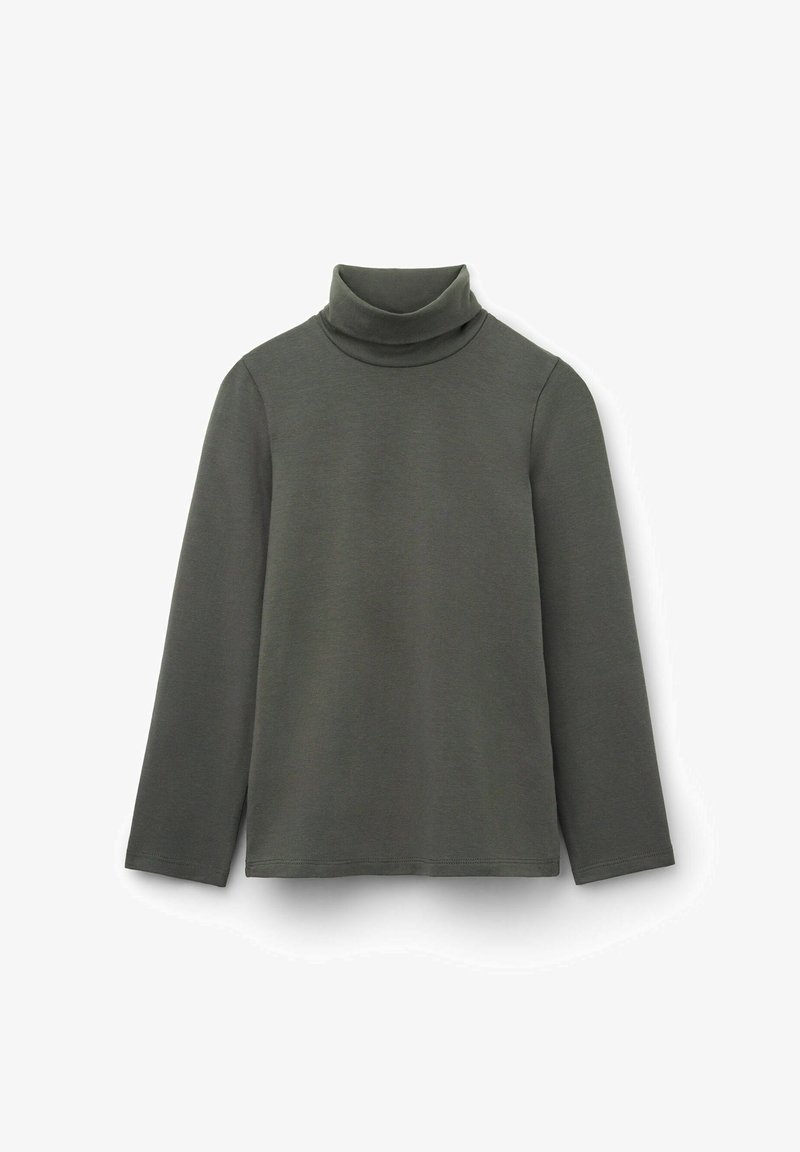 Chandail turtleneck à manches longues vert olive en tissu doux, doté d'une coupe ajustée et d'un col côtelé. Pas de motifs ni de matériel visible.