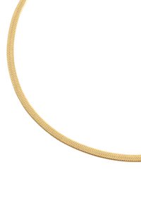 Collana in metallo color oro con motivo a spina di pesce, caratterizzata da un design liscio e flessibile e una forma piatta e stretta.