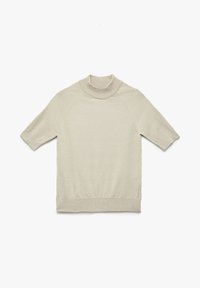 Pullover corto beige chiaro a maniche corte con colletto alto, polsini e orlo a coste. Tessuto morbido e testurizzato con vestibilità comoda.