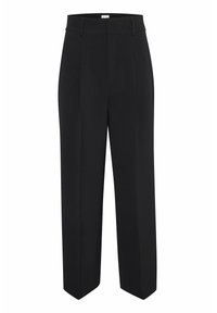 Black tailored trousers with a straight leg design, featuring a smooth texture, pleats at the front, and a wide waistband for a clean silhouette.