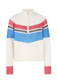 Knit sweater with a high collar, featuring horizontal stripes in red, black, and blue on a white base, with ribbed cuffs in red.