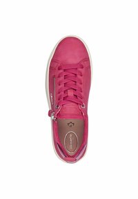 Sneaker in pelle rosa con punta rotonda, design con lacci, cerniera laterale e suola in gomma bianca. L'interno presenta una soletta imbottita.