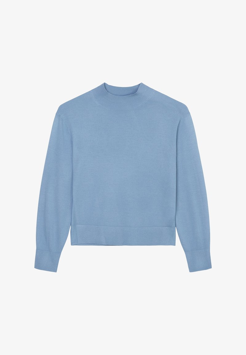 Pull bleu clair à manches longues avec un col montant côtelé, des poignets et une ceinture côtelés, posé à plat sur un fond blanc.